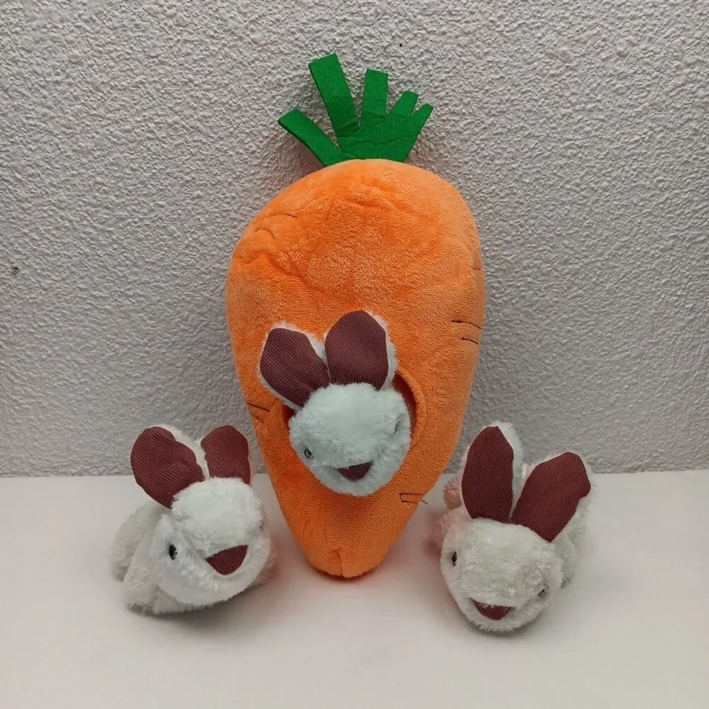 Interactive Hide and Seek Squeaky Dog Plush Toy Rabbit and Carrot 4-Pack